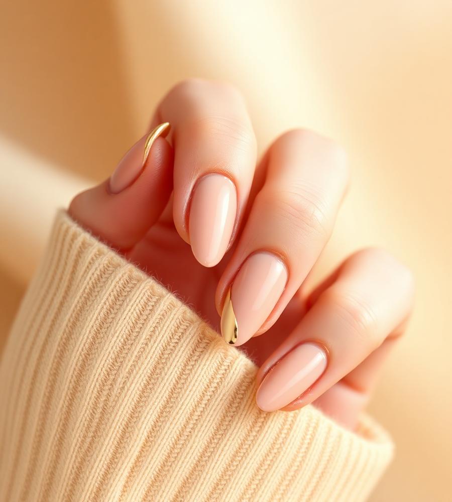 Nude Nägel mit feinem Gold-Akzent