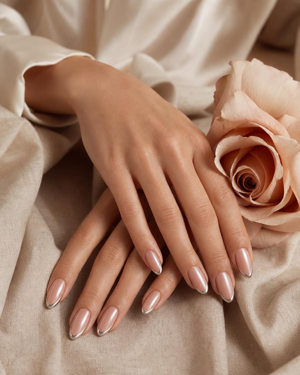 Gepflegte Frauenhände mit Nude-French-Maniküre in dezentem Chrome-Finish